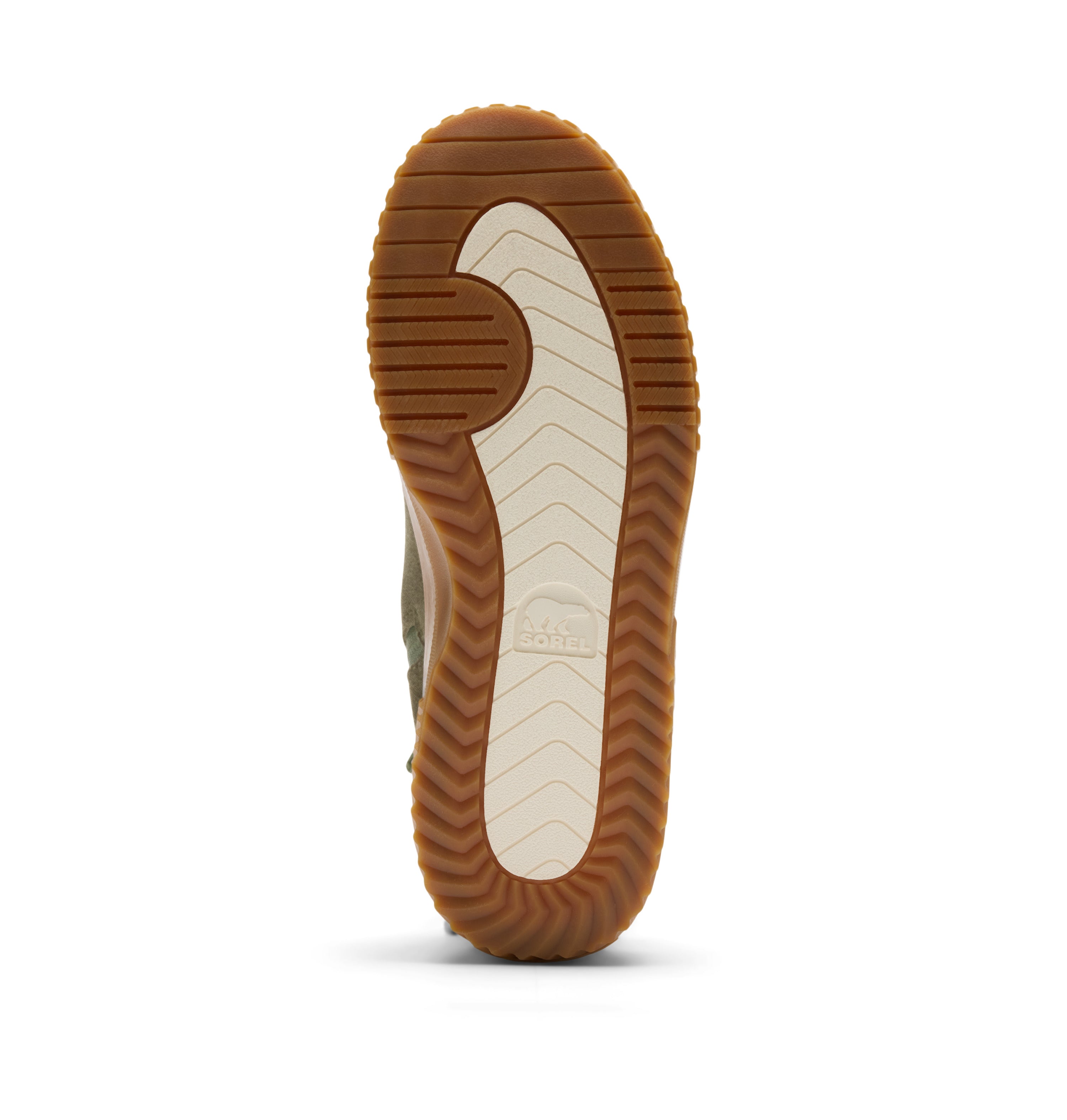 The outsole of a shoe shown from a top-down view, featuring a brown gum rubber tread with a cream-colored center section.