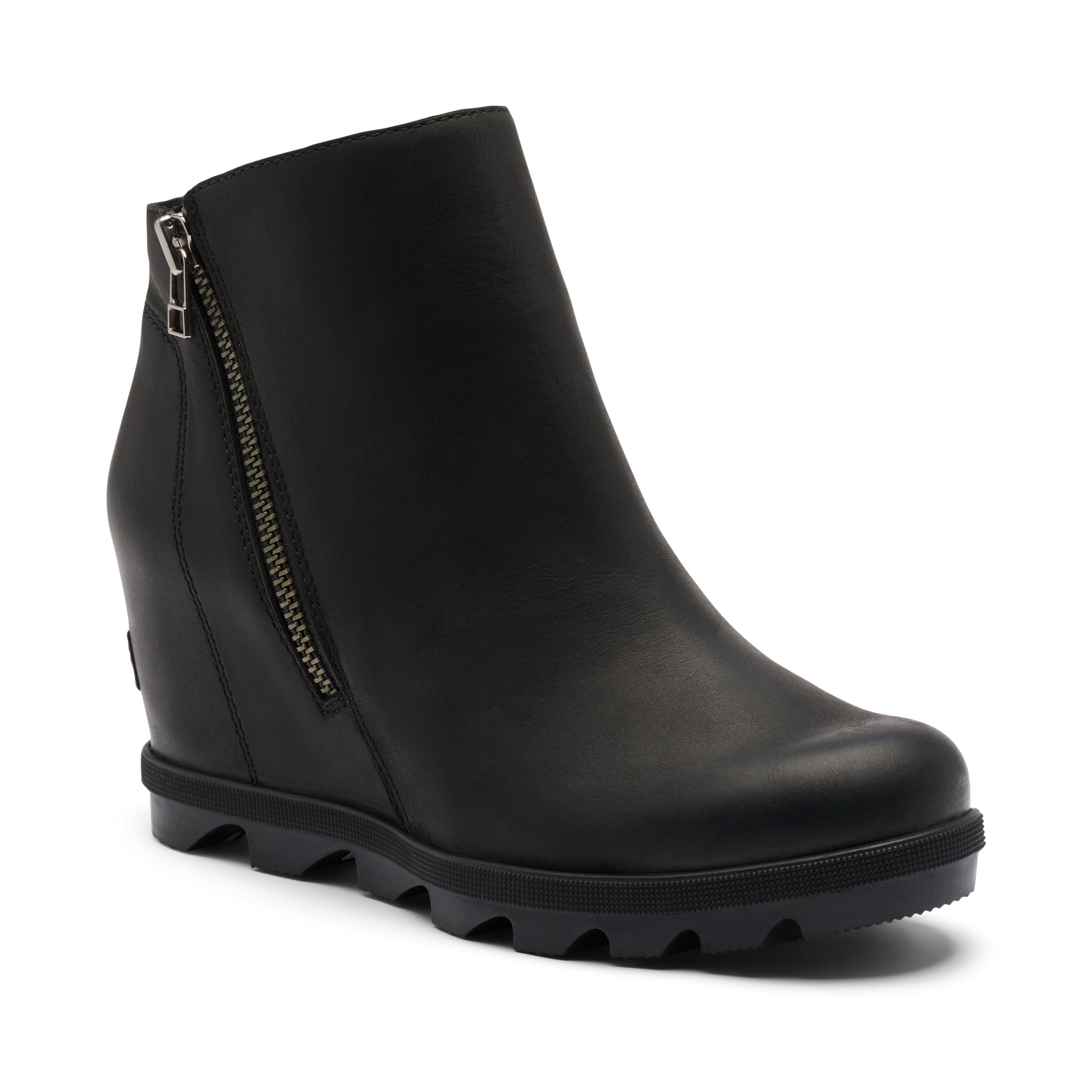A black leather wedge ankle boot with a side zipper and a chunky lug sole, shown from a three-quarters angle on a white background.