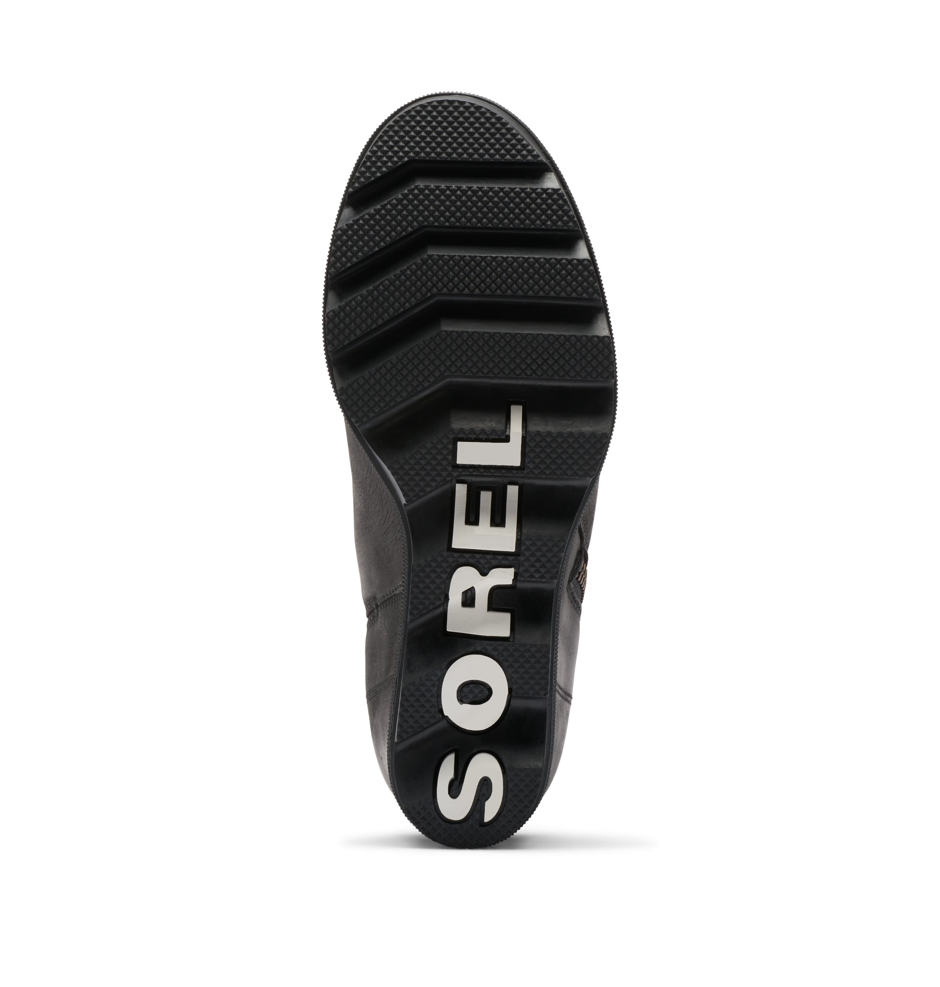 The black rubber outsole of a Sorel shoe, featuring the brand name 'SOREL' in bold white letters, shown against a plain white background.