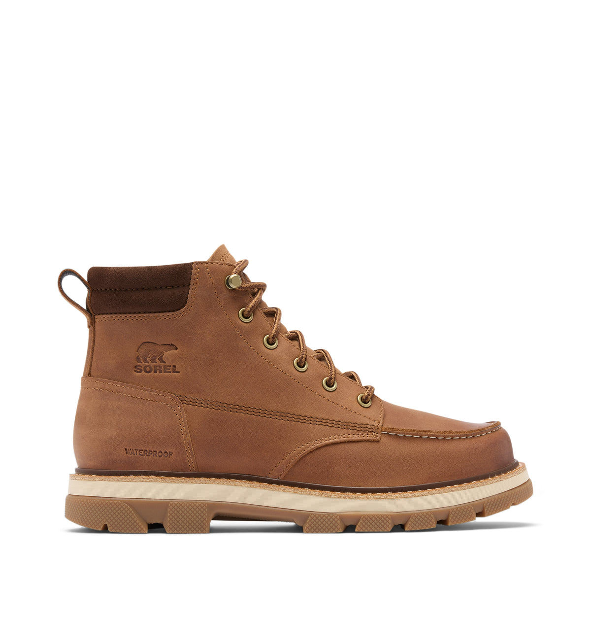A single brown suede ankle boot with a thick beige and brown sole, shown in profile against a white background. The boot features the embossed sorel logo on the side.
