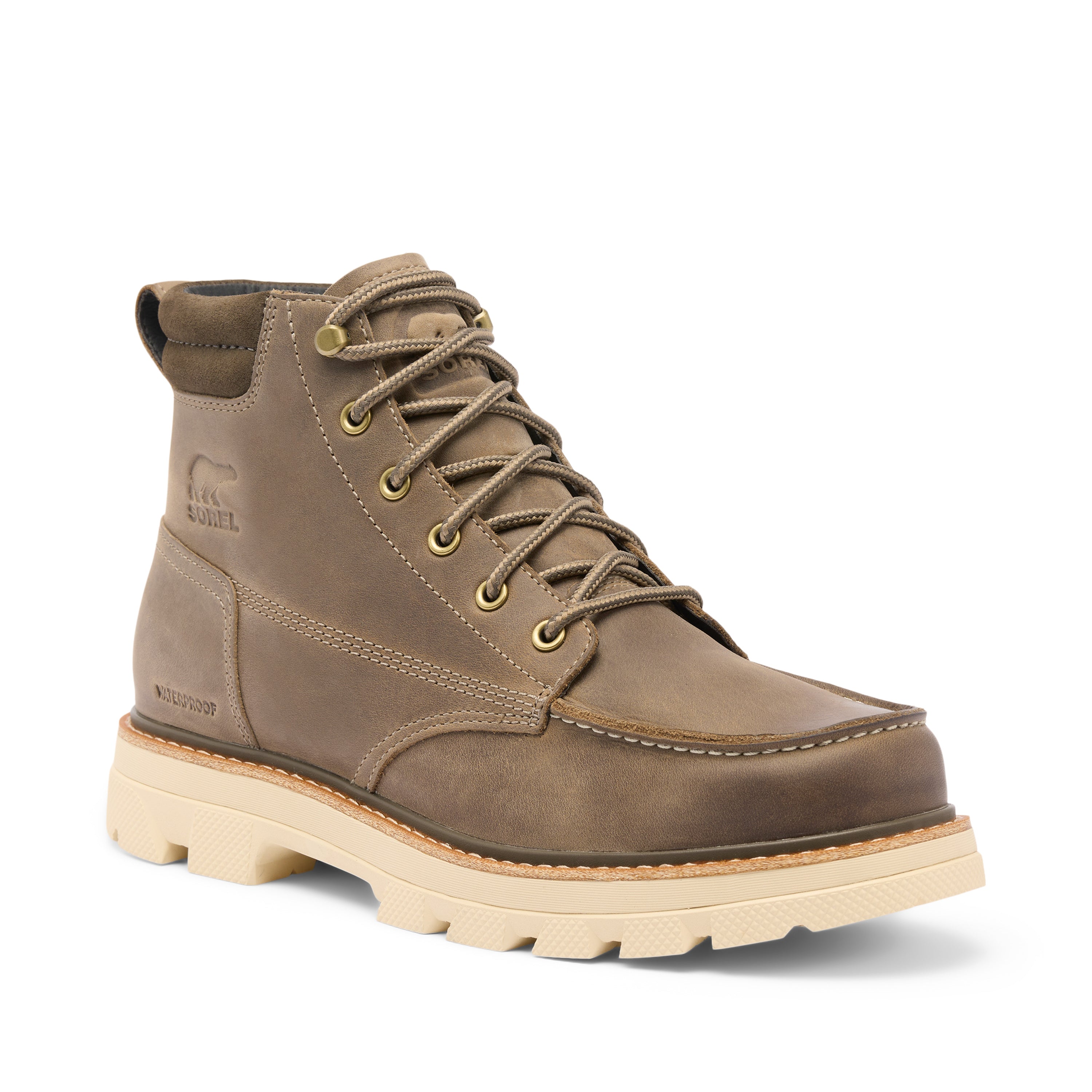 A single brown suede lace-up work boot with a thick beige lug sole, shown from a three-quarters angle on a white background.