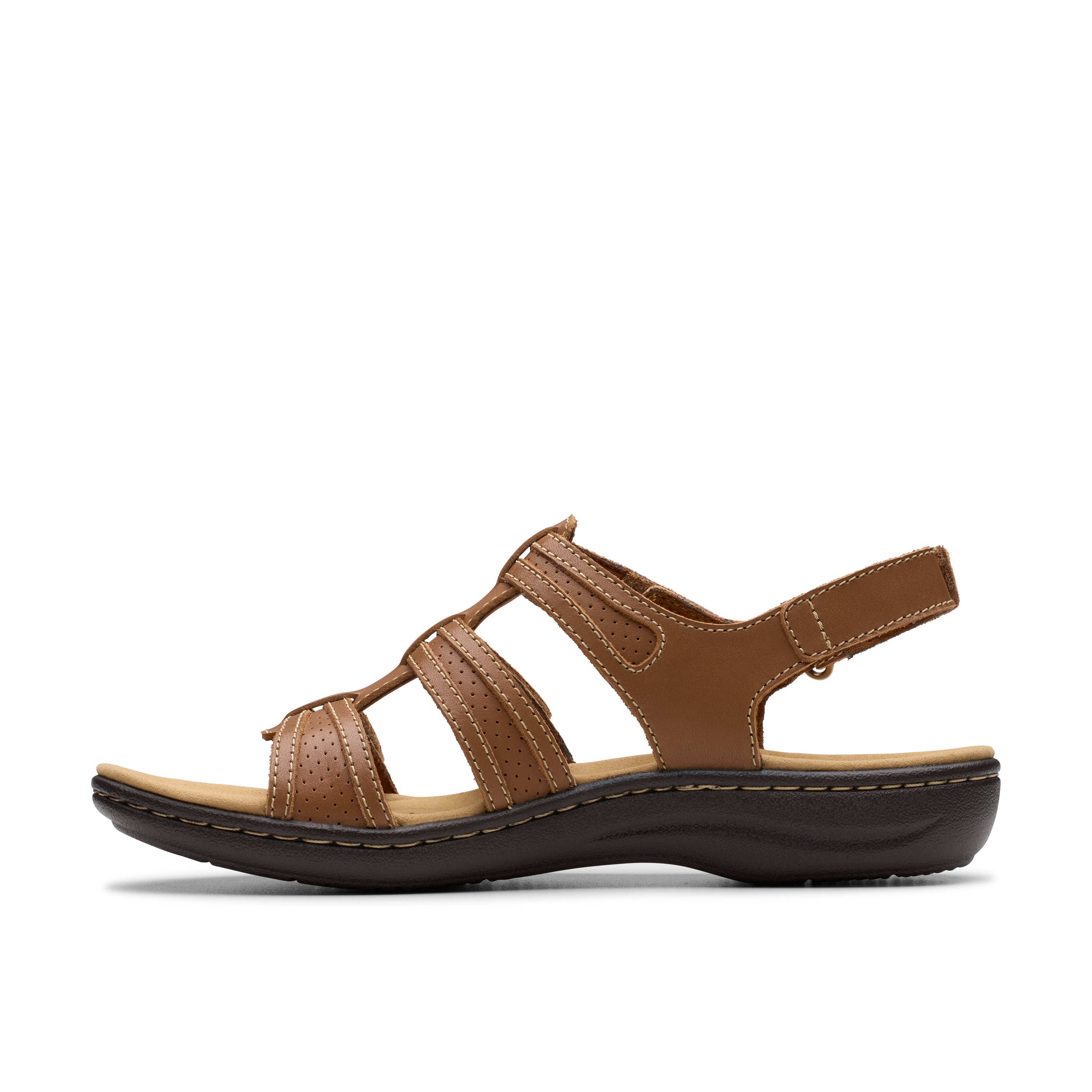 Brown sandal with multiple straps on a white background
