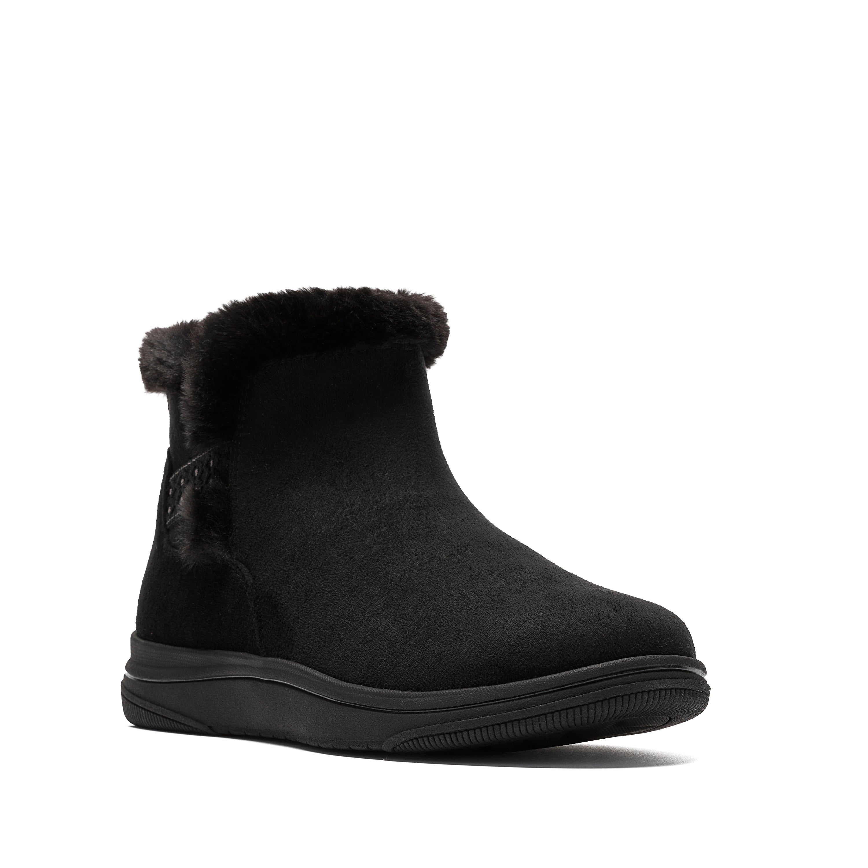 A single black ankle boot with a plush black faux-fur trim at the collar, shown from a three-quarters angle on a white background.