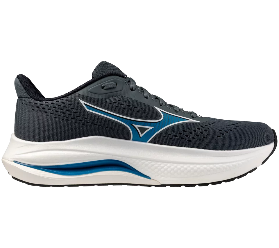 Navy and white running shoe with blue accents on a white background