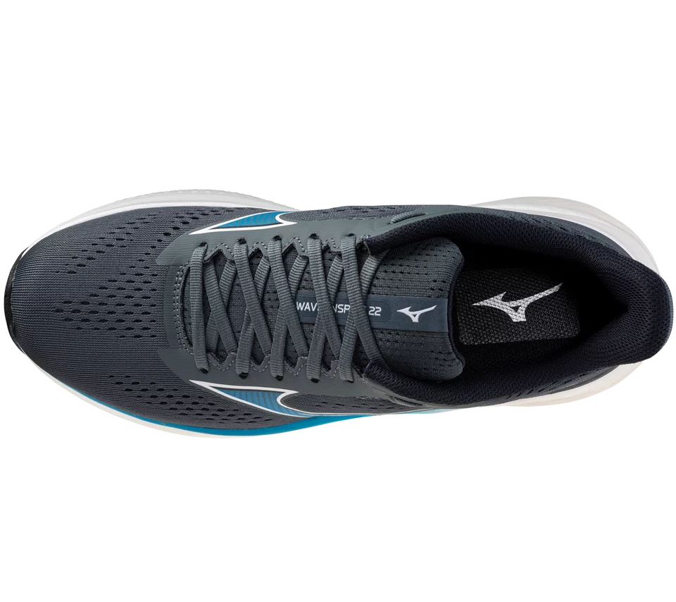 Gray running shoe with brand logo on a white background