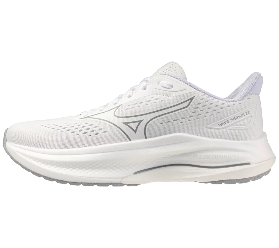 White running shoe with brand logo on a white background