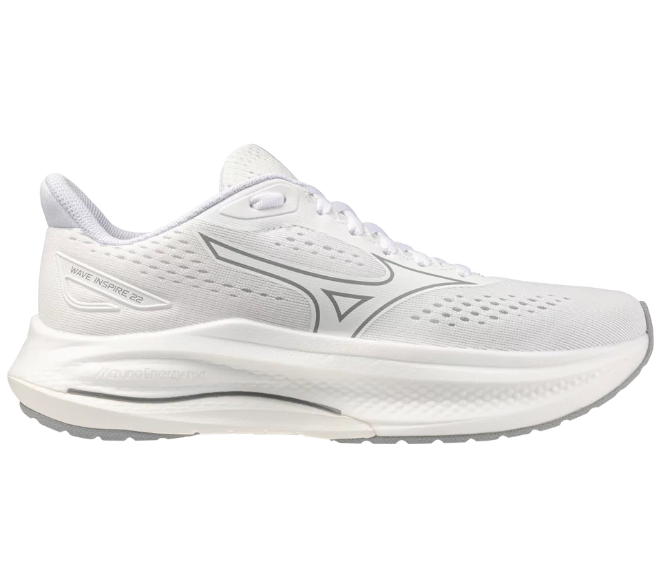 White running shoe with brand logo on a white background