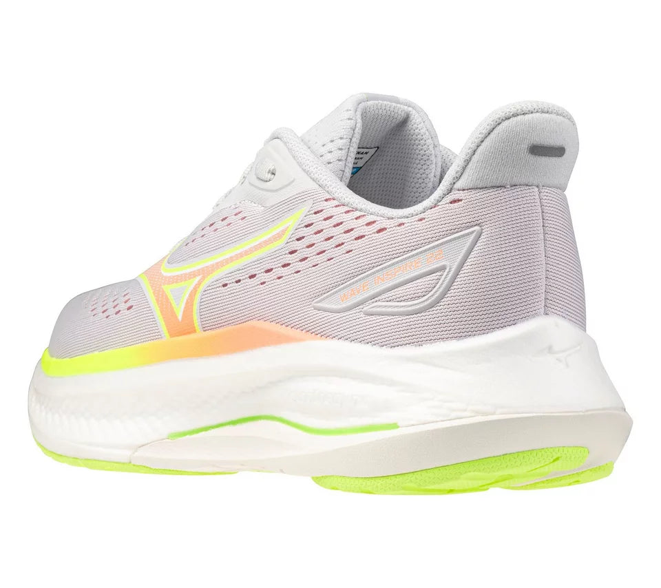 Gray running shoe with colorful accents on a white background