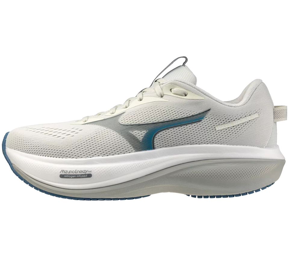 White running shoe with blue accents on a white background