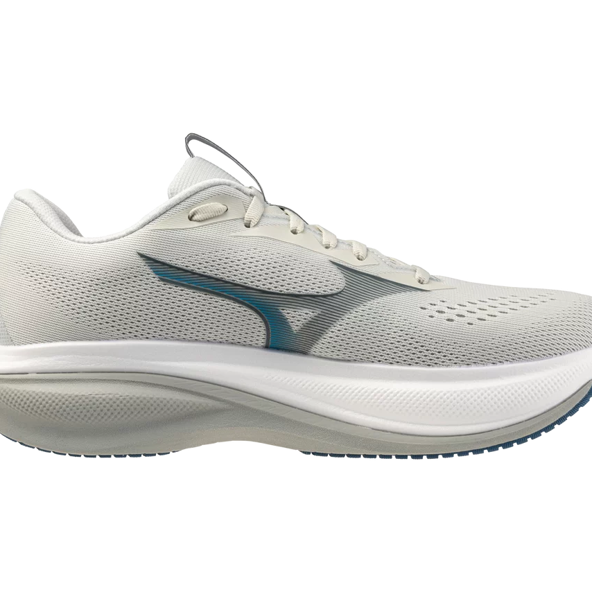 White running shoe with a blue accent on a white background