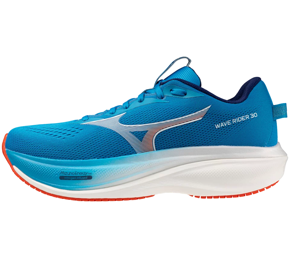 Blue running shoe with white sole on a white background