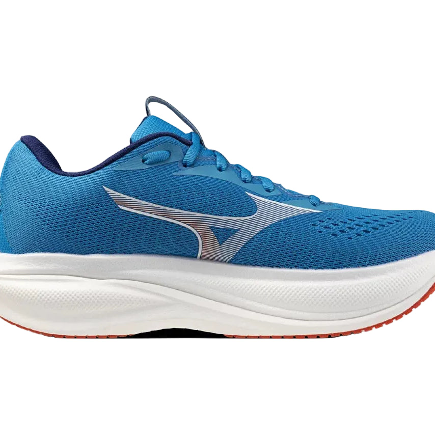 Blue running shoe with white sole on a white background
