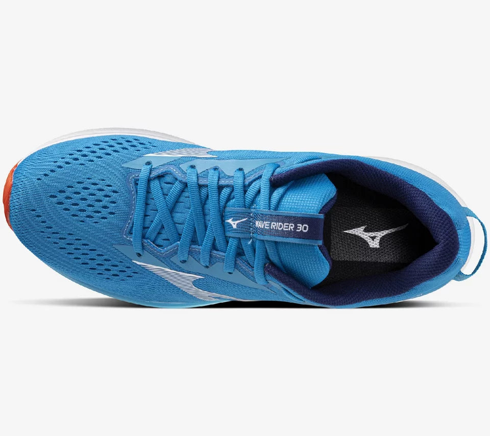 Blue running shoe with visible brand logo on a white background
