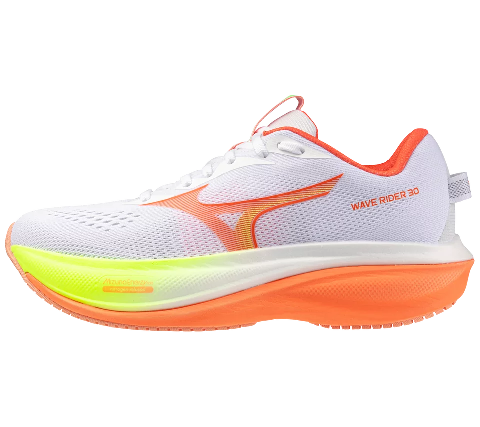 White running shoe with orange and green sole on a white background