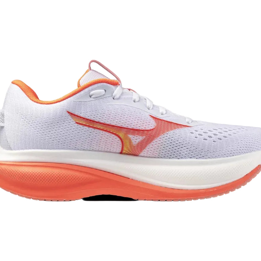 White and orange running shoe on a white background