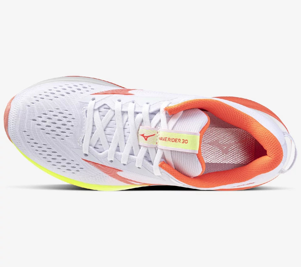 White running shoe with orange accents on a white background