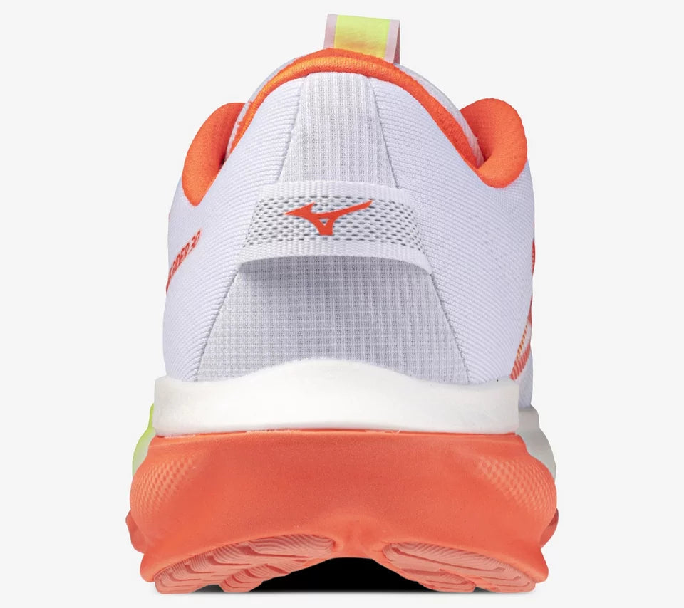 White and orange athletic shoe with brand logo on a white background