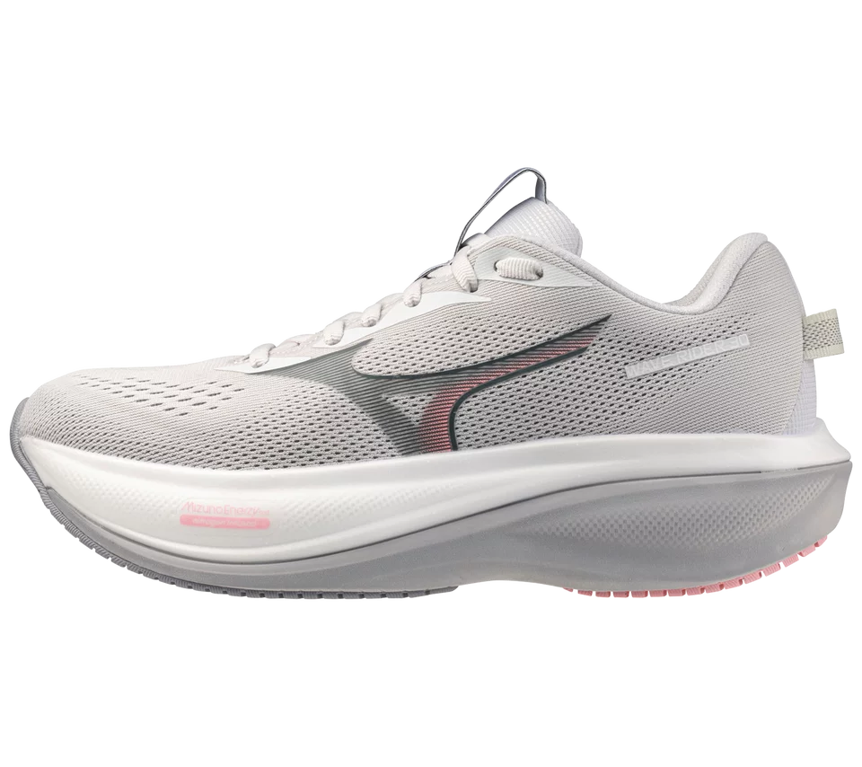 White running shoe with gray accents on a white background