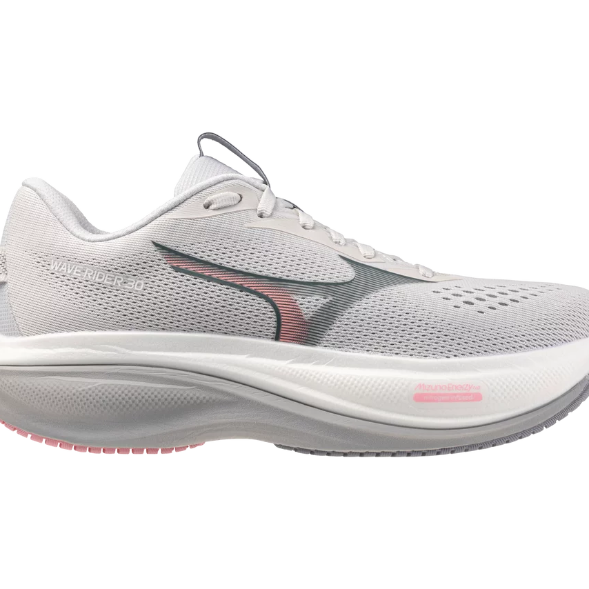 White running shoe with pink accents on a white background