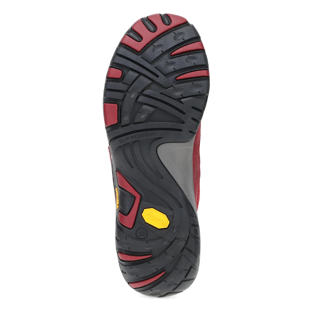 Close-up of a shoe sole with black and red tread pattern on a white background