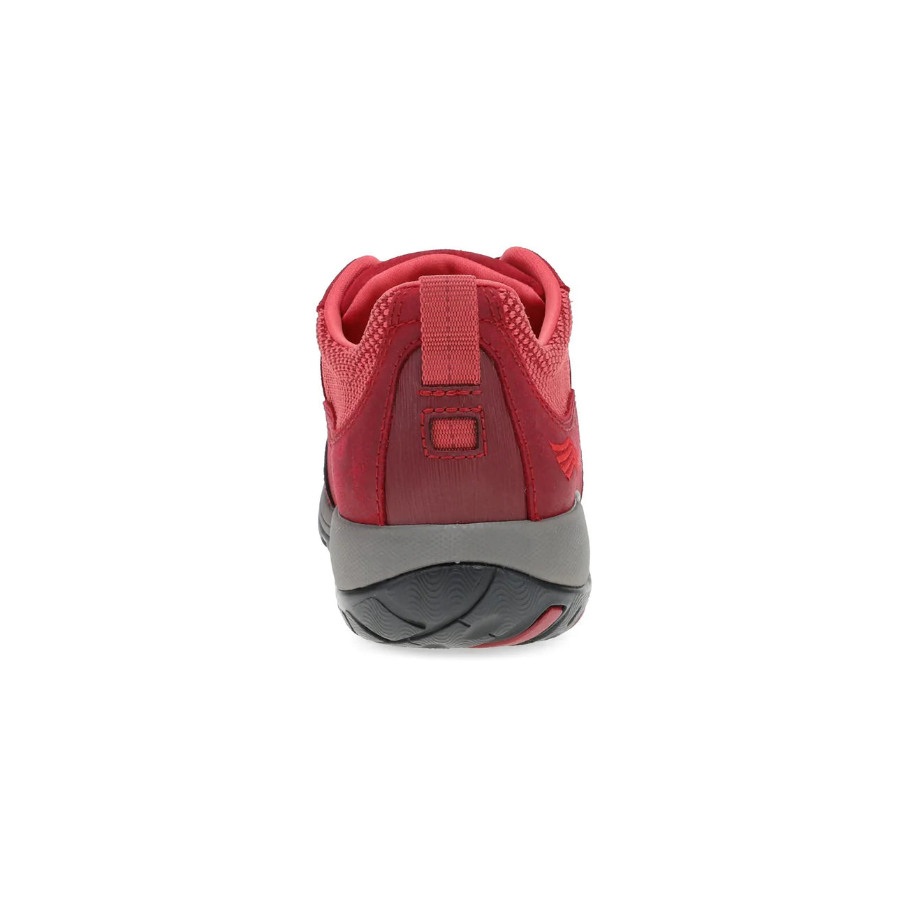 A red athletic shoe shown from the rear, featuring a red mesh upper, a red pull tab, a gray midsole, and a black and red outsole, set against a plain white background.