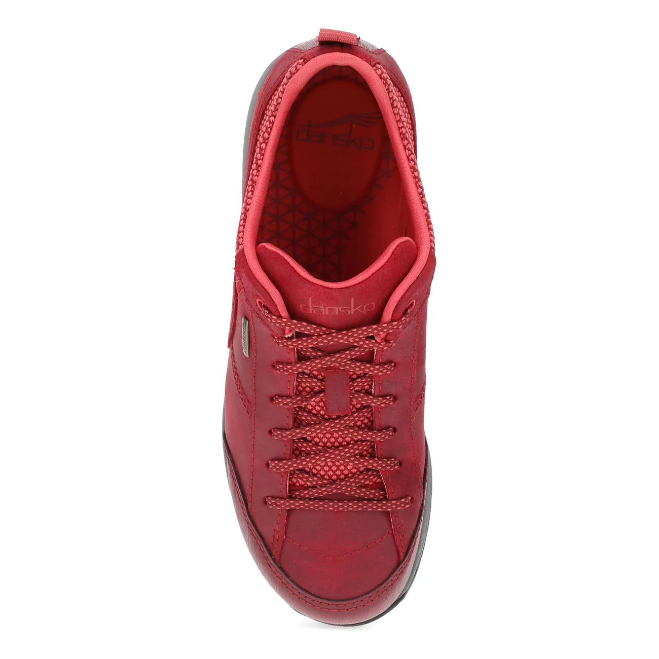 A red lace-up shoe shown from a top-down view on a plain white background.