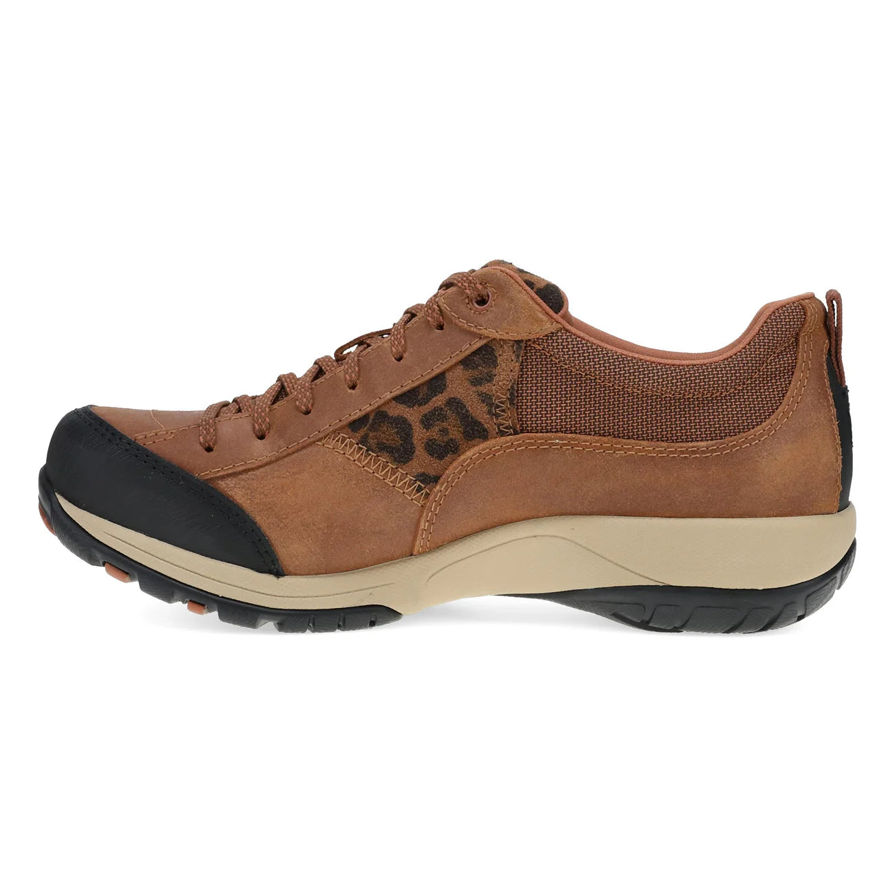 A brown low-top casual shoe with a textured leopard-print side panel, black toe cap, beige midsole, and black outsole, shown in a side profile on a white background.