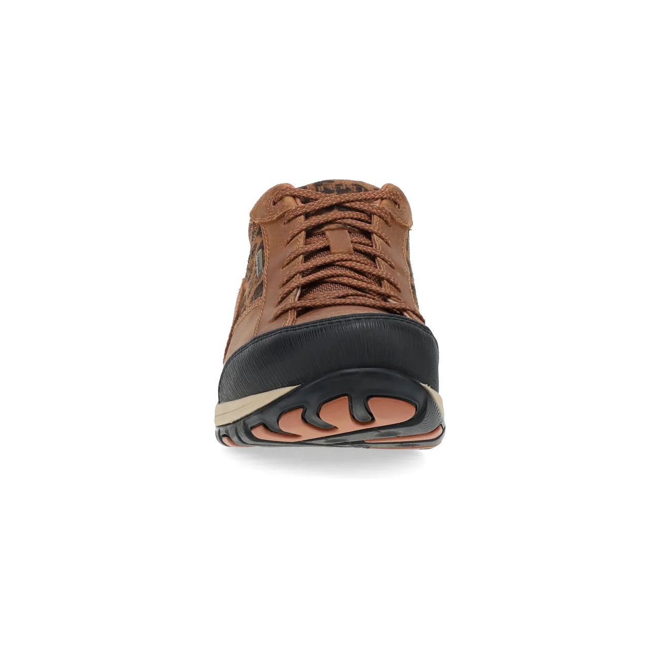 A brown leather lace-up hiking shoe shown from a rear three-quarter view, featuring a black and tan sole, set against a plain white background.