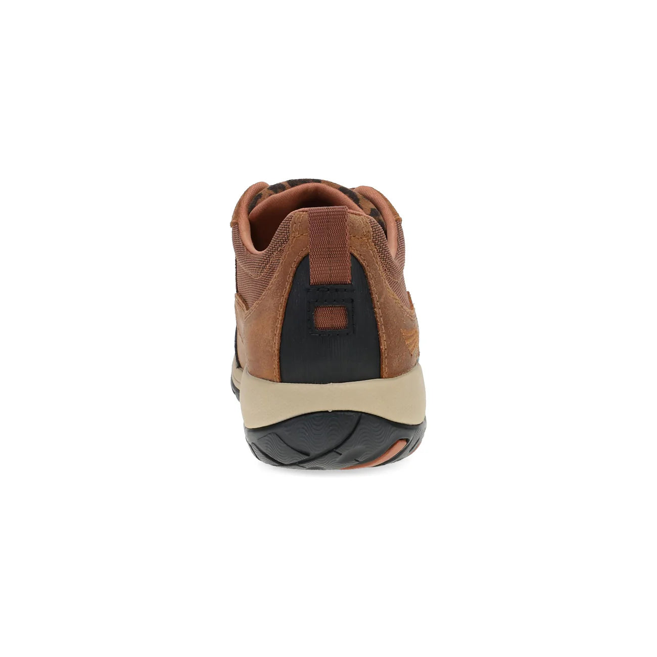 A single brown leather low-top sneaker shown from the rear on a plain white background.