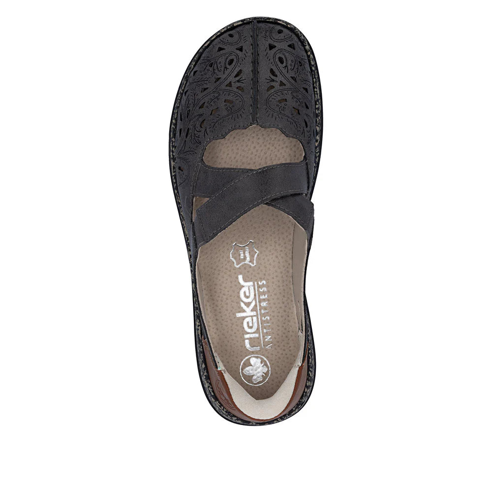 Black sandal with 'Dekker' branding on a white background