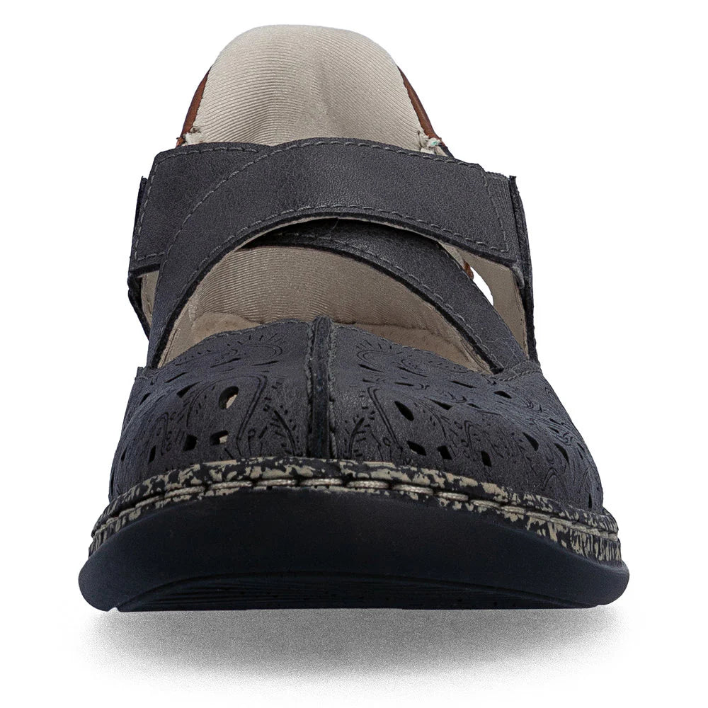 Navy blue sandal with a strap on a white background