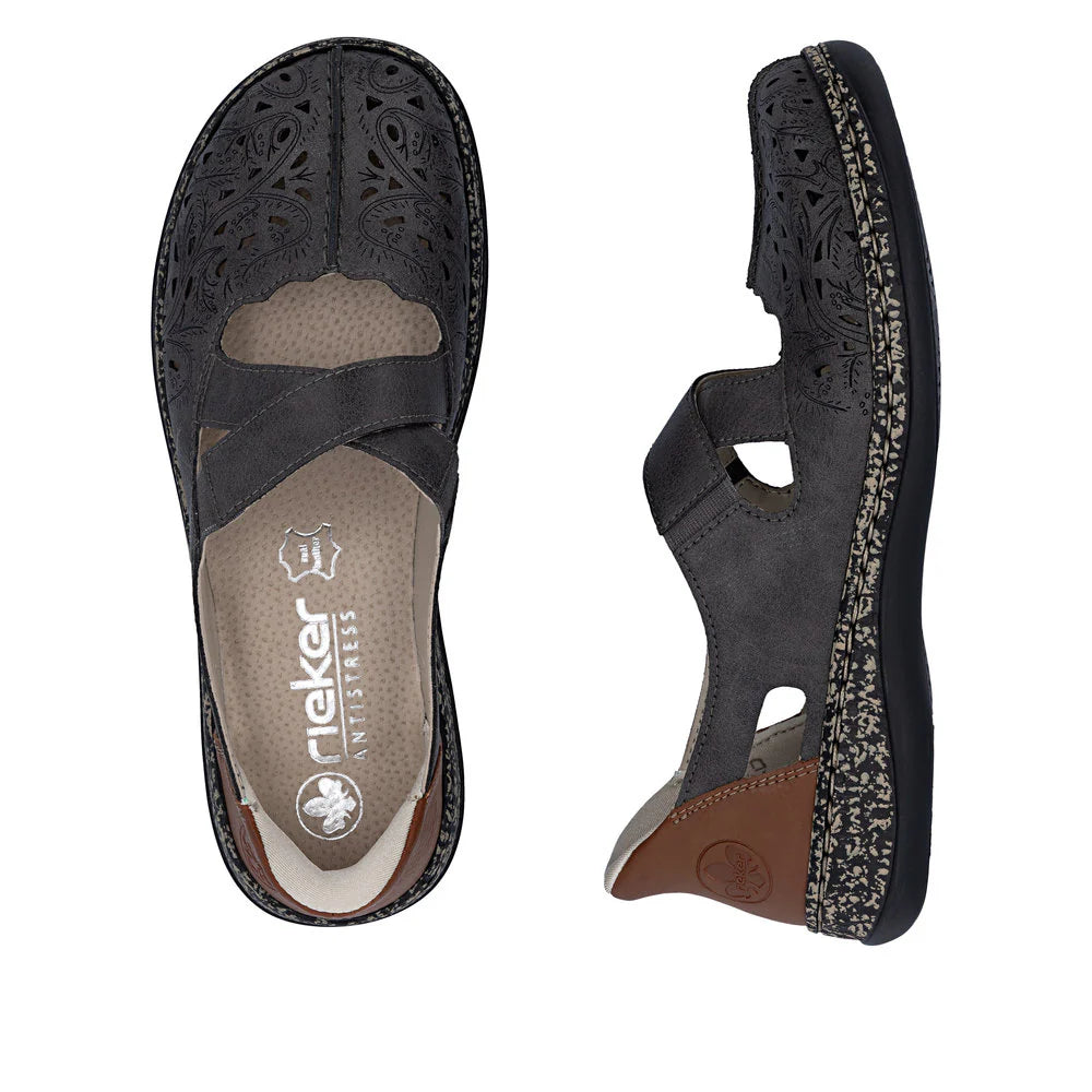 Black sandal with a visible brand logo on a white background