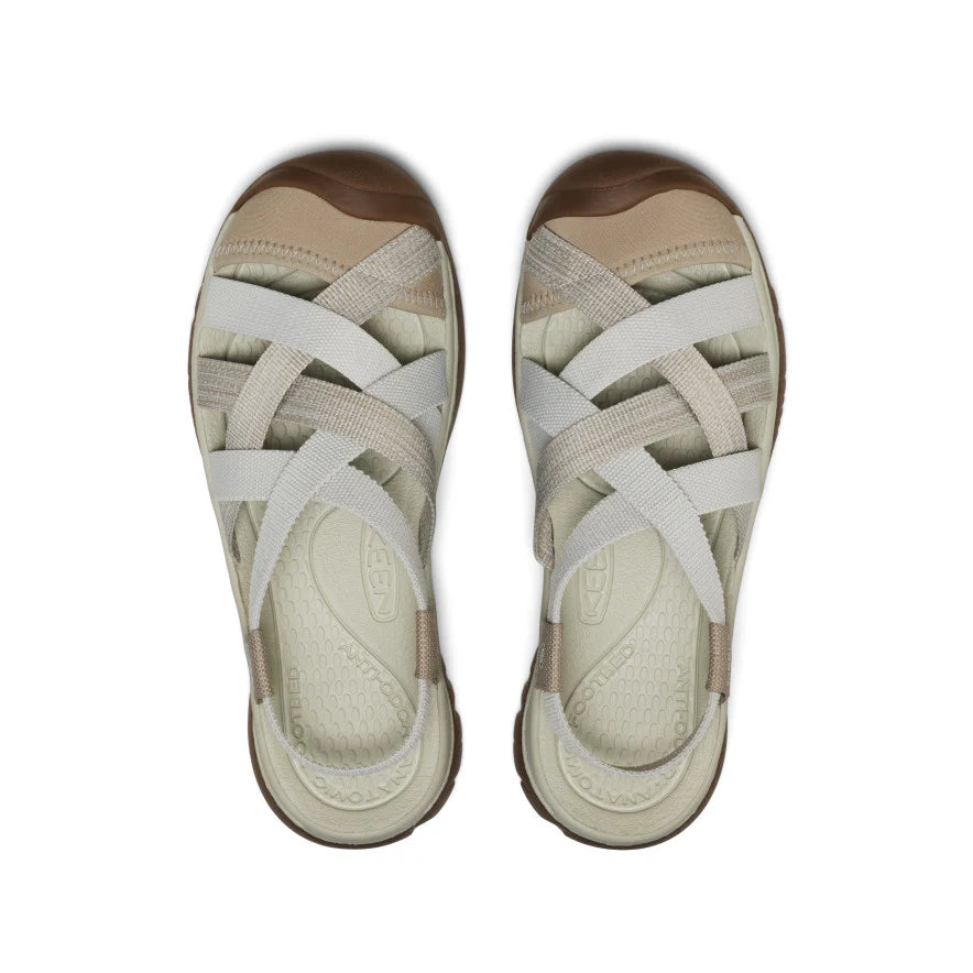 Pair of beige sandals with white straps on a white background