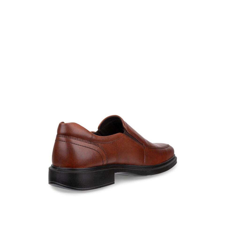 A single brown leather slip-on loafer shown from a rear three-quarter angle against a plain white background.