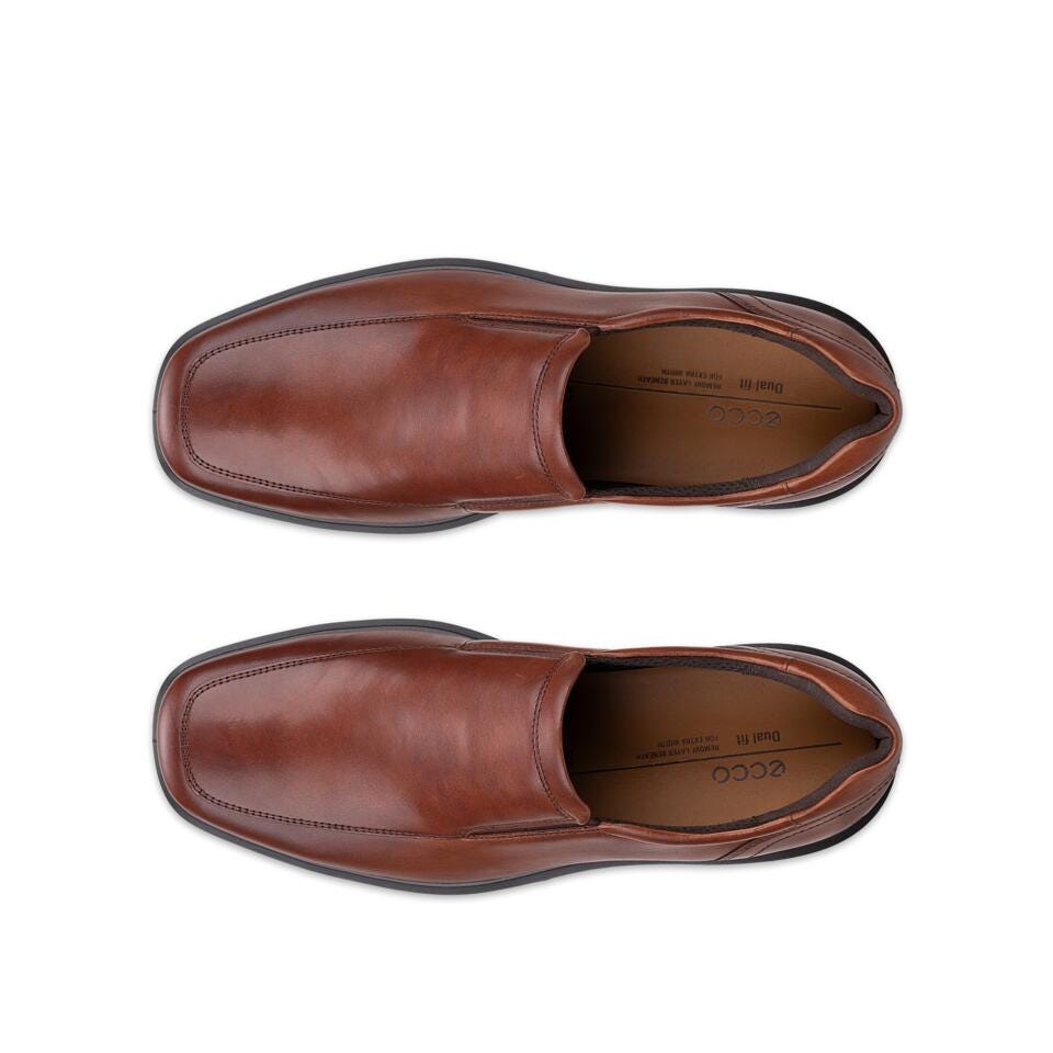 A pair of brown leather slip-on loafers shown from a top-down view on a plain white background. The brand name 'ecco' is visible on the insoles.