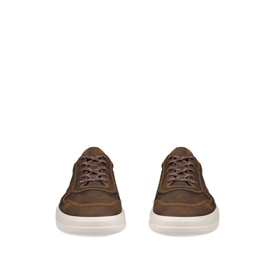 A pair of low-top brown leather sneakers shown from the front on a solid white background.