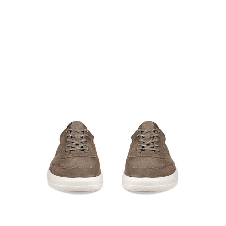Pair of brown suede sneakers on a white background