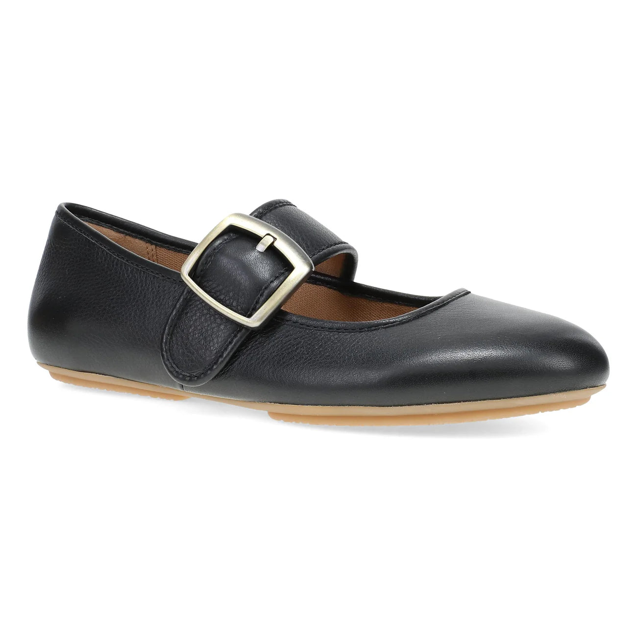 A black pebbled leather flat shoe with a strap and silver-tone buckle, shown from a side angle on a white background.