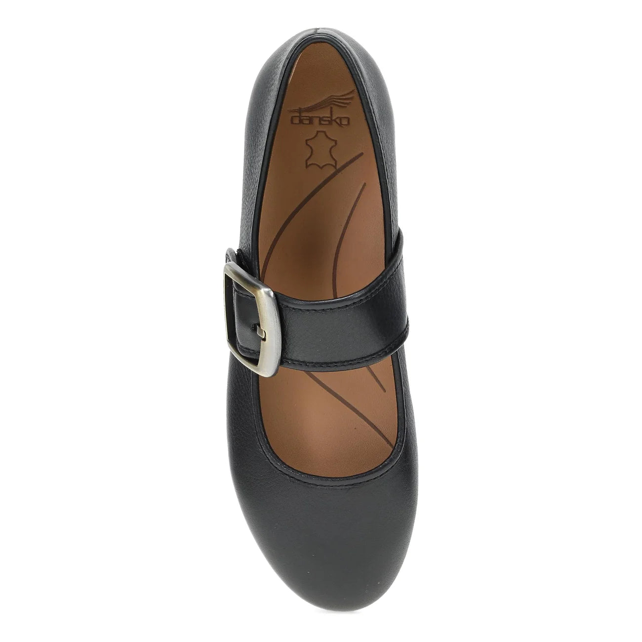 Black shoe with a strap and buckle on a white background