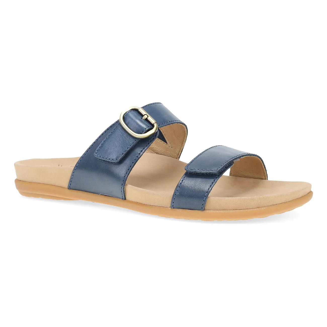 Blue sandal with a gold buckle on a white background