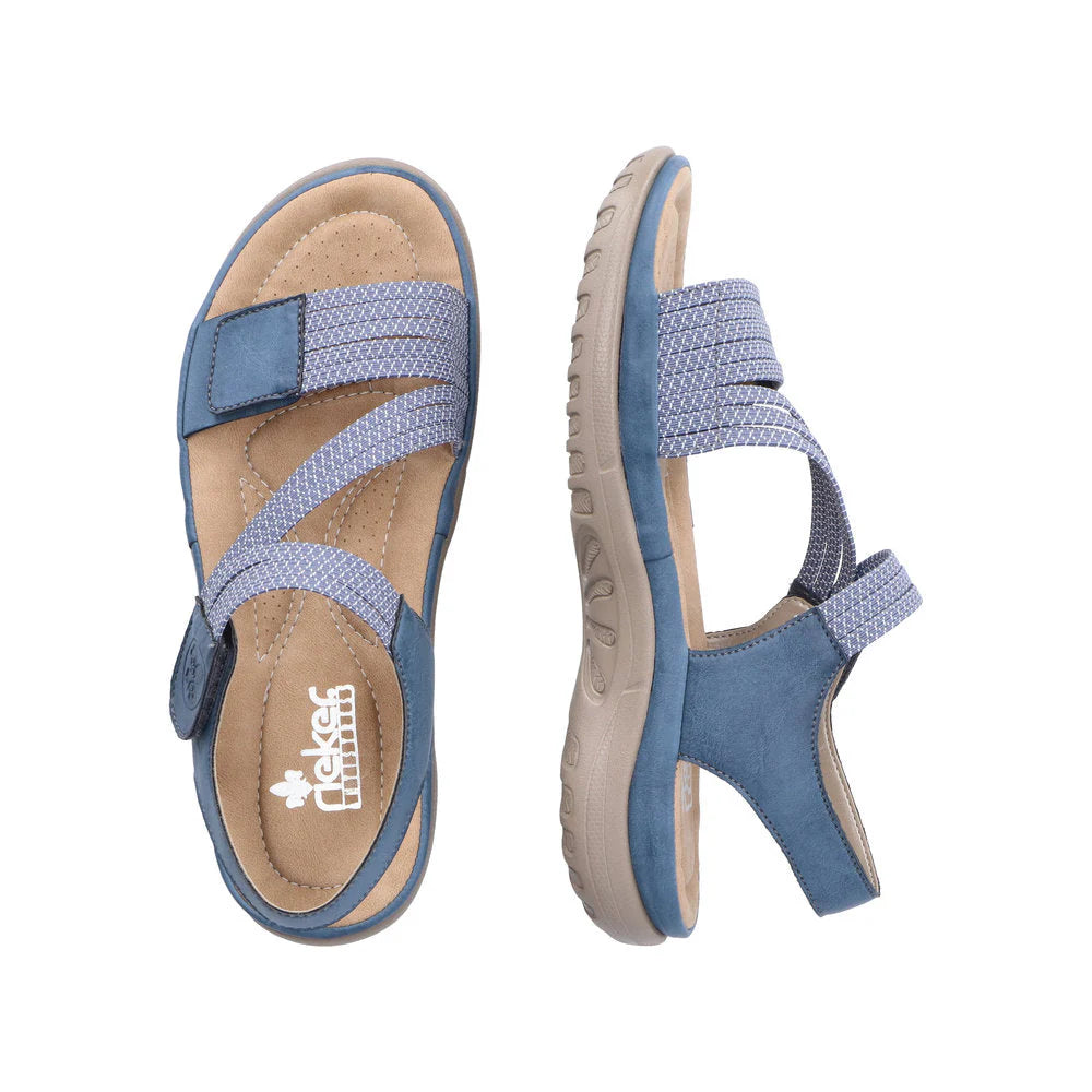 Blue sandals with a brand logo on a white background