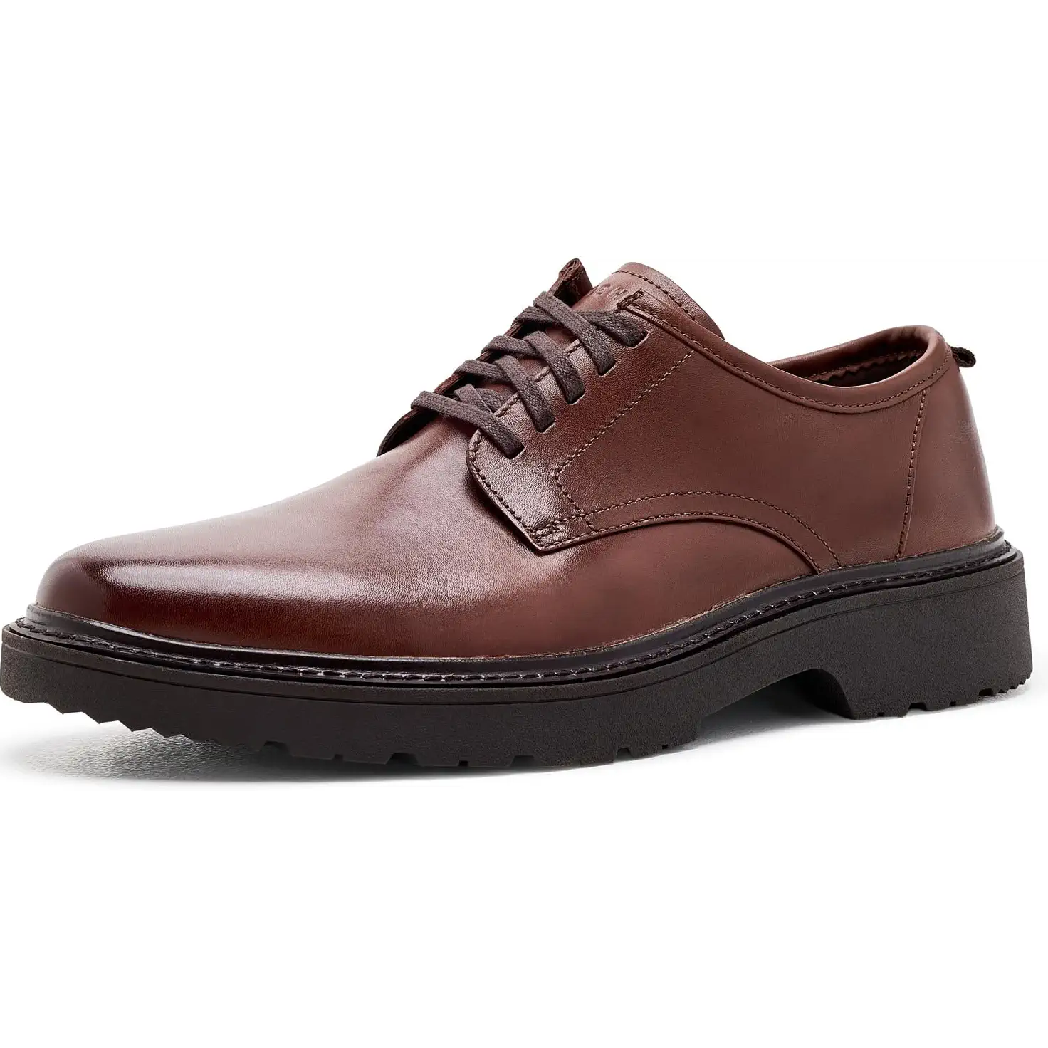 A brown leather lace-up dress shoe with a chunky black sole, shown from a side profile on a white background.