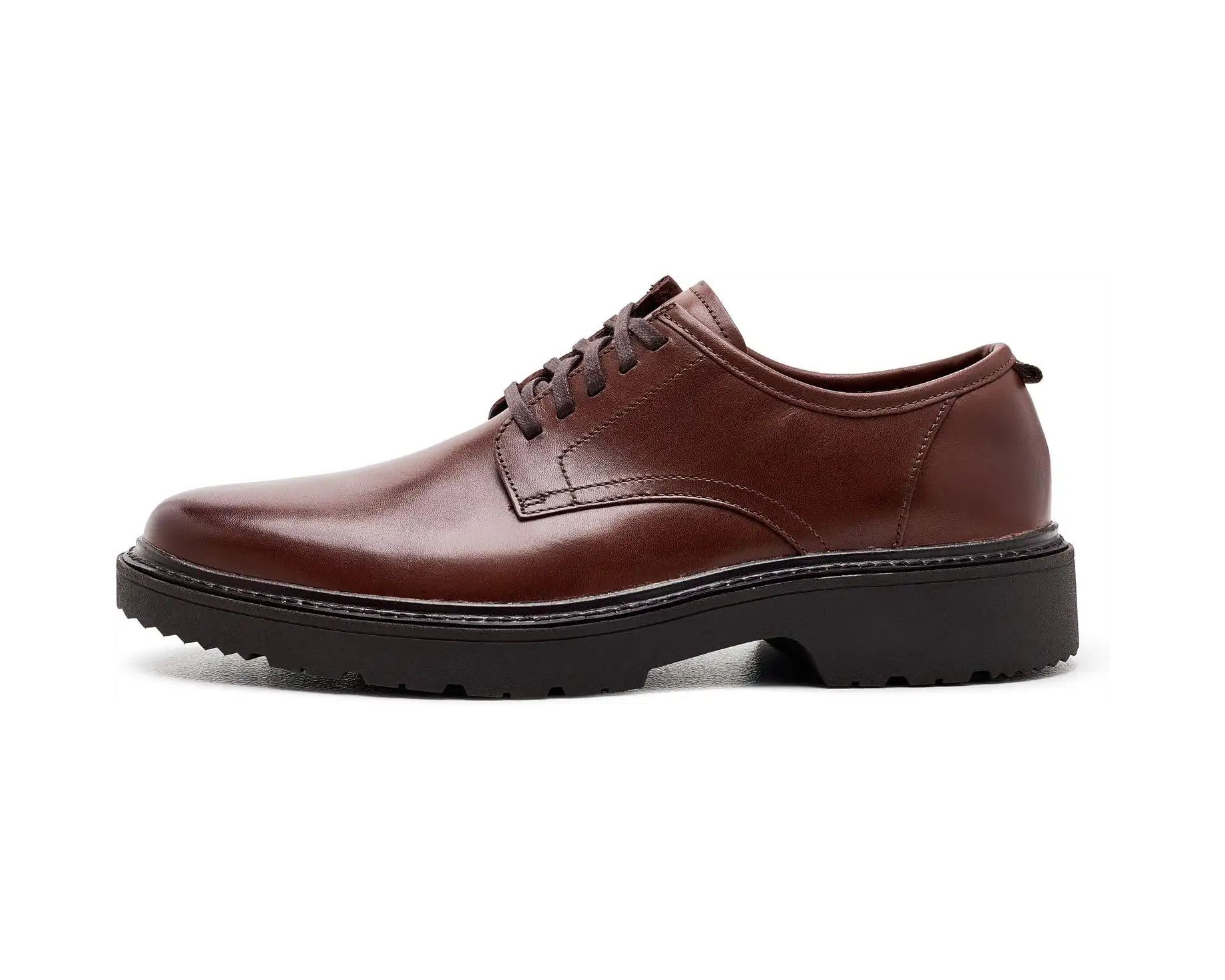 A brown leather lace-up dress shoe with a black sole, shown in a side profile view against a plain white background.
