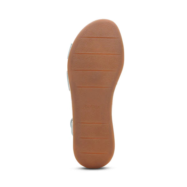 Brown sole of a shoe with 'aetrex' branding on a white background