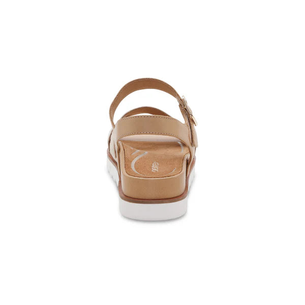 Tan sandal with a white sole on a white background