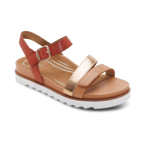 Tan and red sandal with a white sole on a white background