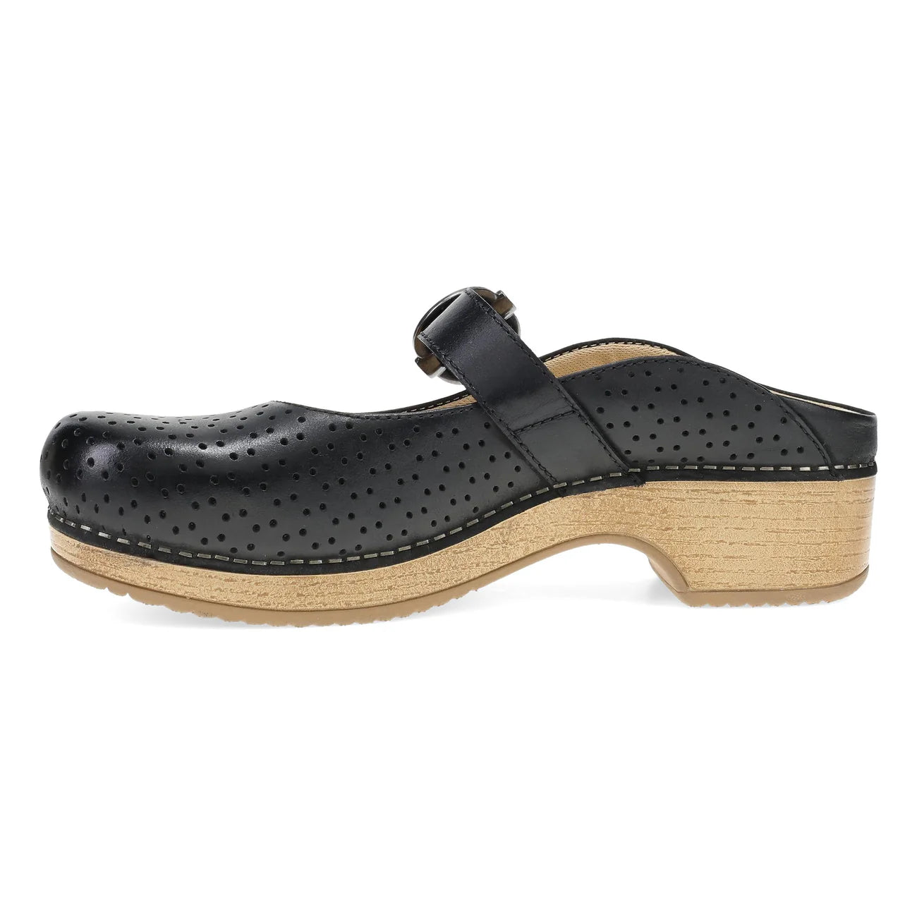 Black clog shoe with a wooden sole on a white background