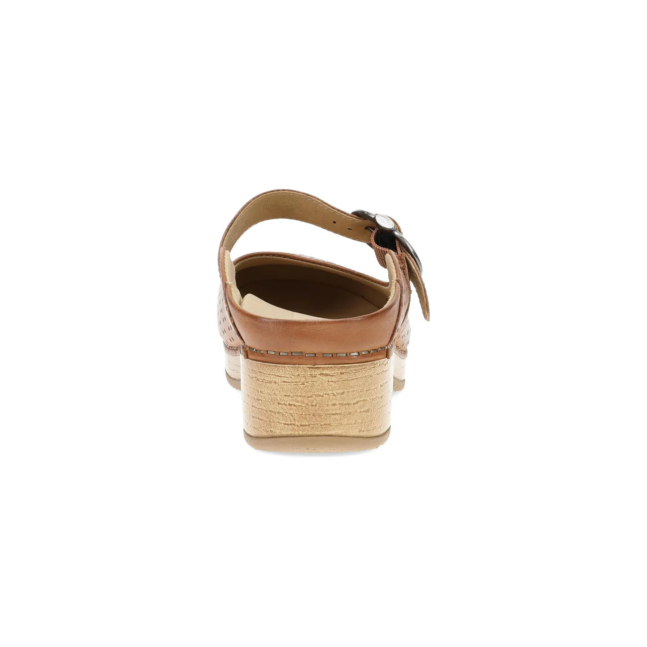Tan sandal with woven sole on a white background