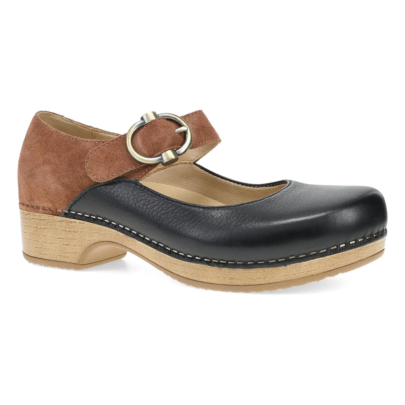 Black and brown clog shoe with wooden sole on a white background