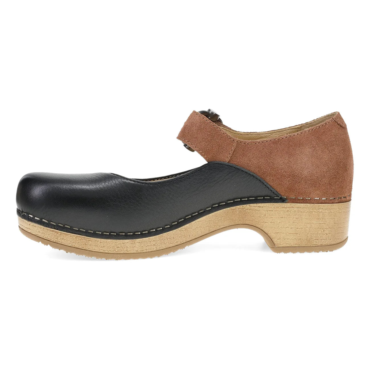 Black and brown clog shoe on a white background